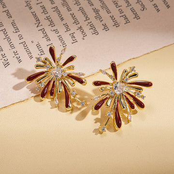Gold Tone Red Firework Stud Earrings with Clear Crystals