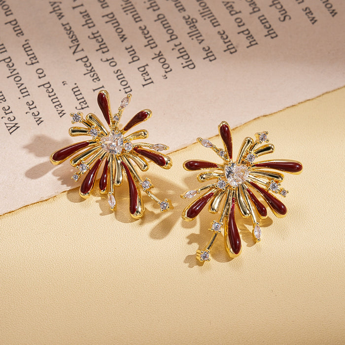 Gold Tone Red Firework Stud Earrings with Clear Crystals