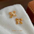 Gold Enamel Bow Stud Earrings Pearl Crystal Ginkgo view 1