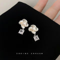 Silver Camellia Pearl Square Crystal Drop Stud Earrings view 1