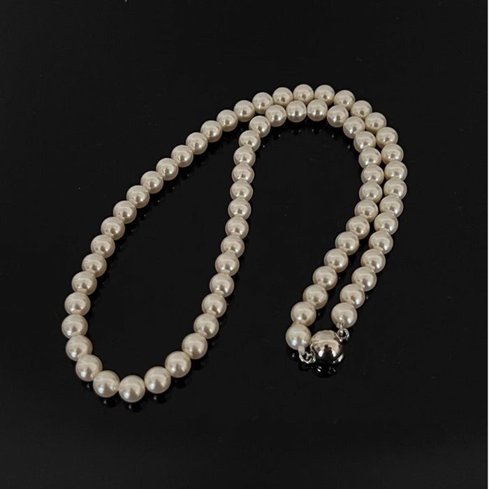Cream White Round Pearl Strand Necklace Magnetic Ball Clasp