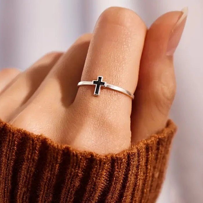Black Cross Ultra-Slim Ring In Polished Silver Tone