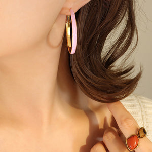 Enamel Circle Hoop Earrings White Blue Pink on Gold Metal