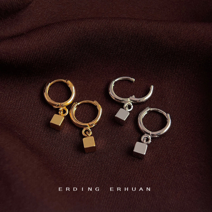 Gold-Tone Mini Huggie Hoop Cube Charm Drop Earrings Pair