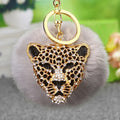 Gold Leopard Head Keychains with White Pink and Gray Rabbit Fur Poms view 3