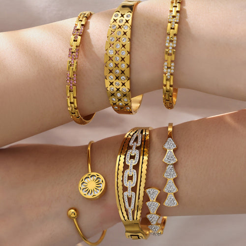 Display view of geometric crystal open bangles in main image 2.