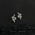 Silver Textured Snake Stud Earrings Green Stone Eyes view 1
