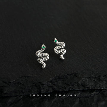 Silver Textured Snake Stud Earrings Green Stone Eyes