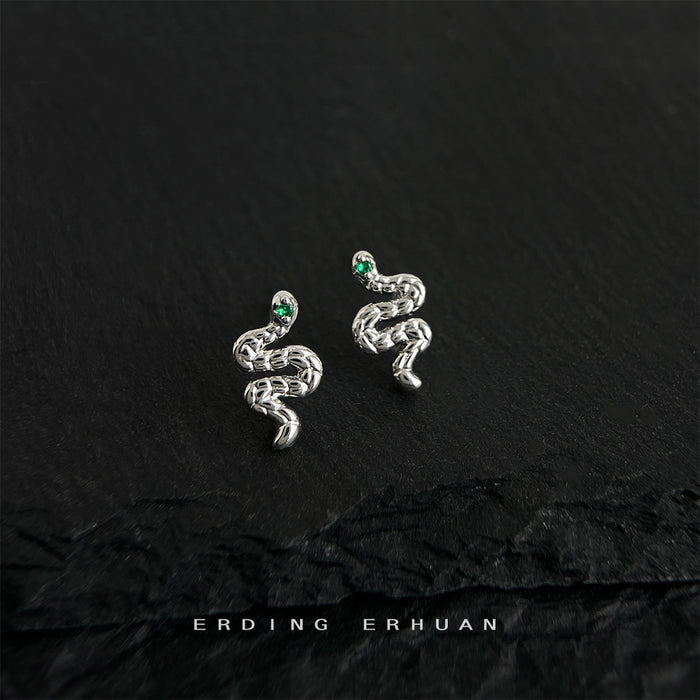 Silver Textured Snake Stud Earrings Green Stone Eyes