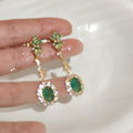 Gold Tone Green Flower Oval Stone And Clear Halo Drop Earrings view 4
