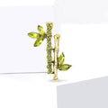 Bamboo Branch Crystal Brooch with Green Leaves and Gold Tone Stems view 2
