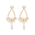 Gold Tone Pearl Look Teardrop Earrings with Long White Drops view 5
