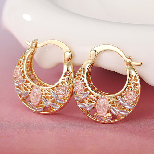 Front view of the pink floral openwork hoops