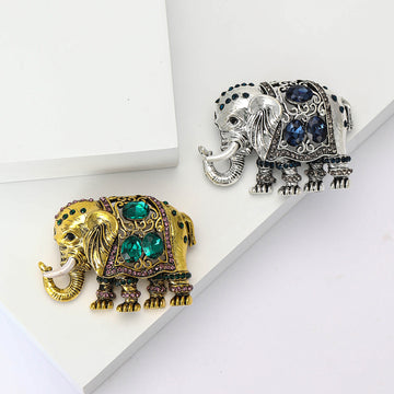Antique Gold Elephant Brooch with Green and Blue Crystal Accents