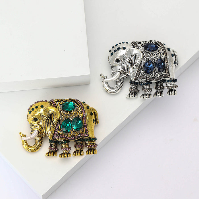 Antique Gold Elephant Brooch with Green and Blue Crystal Accents