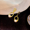 Gold Organic Open Oval Drop Earrings Pearl Accent Studs view 3