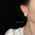 Mint Green Enamel Pearl Floral Stud Earrings Gold Frame view 2