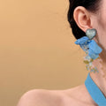 Blue Fabric Blossom Heart Earrings With Polished Metal Tone Details view 4