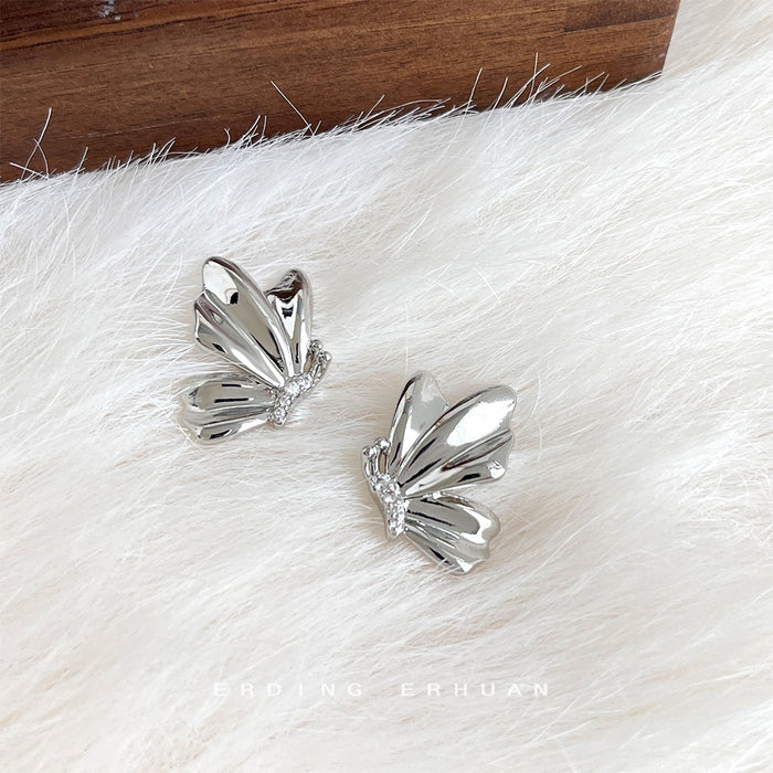 Polished Metal Butterfly Stud Earrings Silver Gold Tones