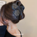 Black Fabric Flower Crystal Embellished Claw Hair Clip view 3
