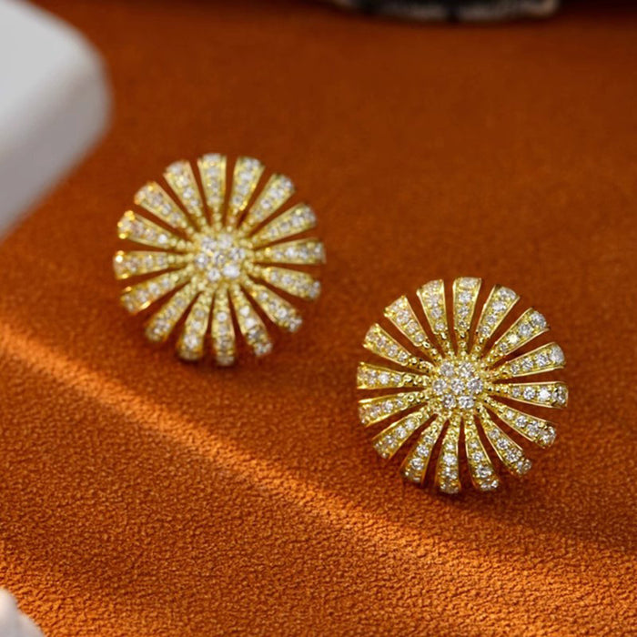Gold Tone Pavé Sunburst Flower Stud Earrings With Round Centers