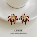 Gold Tone Burgundy Enamel Firework Flower Stud Earrings view 3