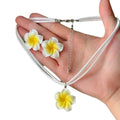 White Yellow Plumeria Cord Necklace Earring Two-Piece Set view 5
