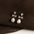 Gold CZ Round Stud Bow Baroque White Pearl Drop Earrings view 1