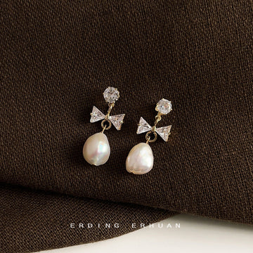 Gold CZ Round Stud Bow Baroque White Pearl Drop Earrings