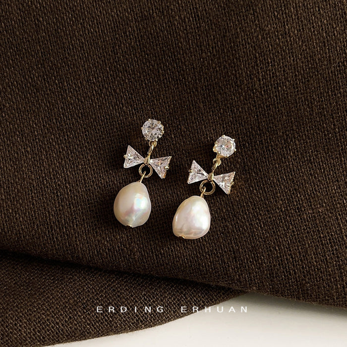 Gold CZ Round Stud Bow Baroque White Pearl Drop Earrings