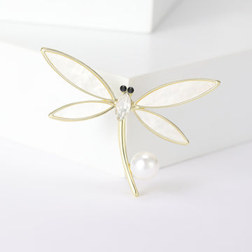 Gold Tone White Shell Wing Dragonfly Brooch Pearl Accent