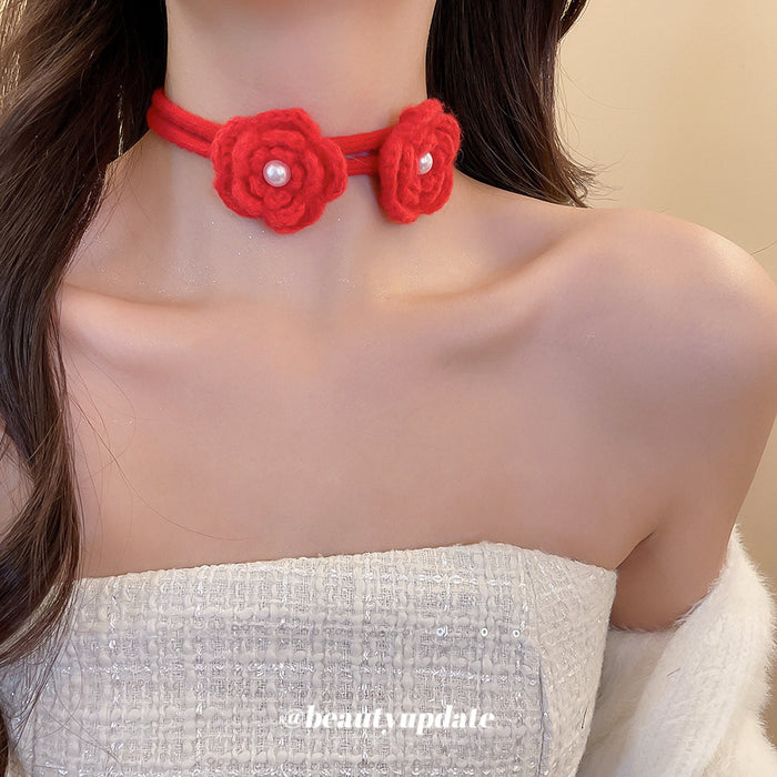 Red Crochet Flower Cord Necklace With Pearl Centers