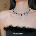 Crystal Fringe Statement Necklace in Black and Silver Tones view 3