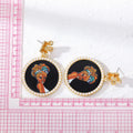 Gold Tone Pearl Trim Round Printed African Woman Post Drop Earrings in Two Colors view 4