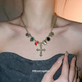 Gold Tone Multicolor Stone Cross Pendant Necklace With Polished Metal Details view 1