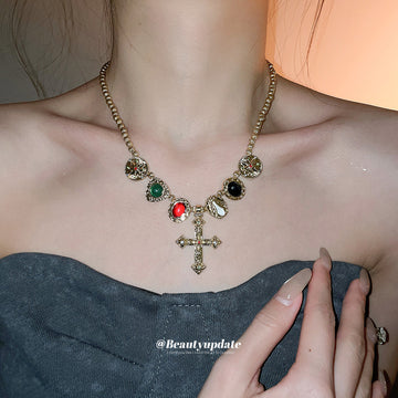 Gold Tone Multicolor Stone Cross Pendant Necklace With Polished Metal Details