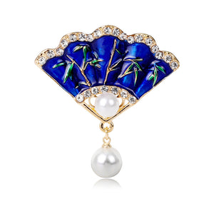 Blue Enamel Folding Fan Brooch with Bamboo and Pearl-Look Drop