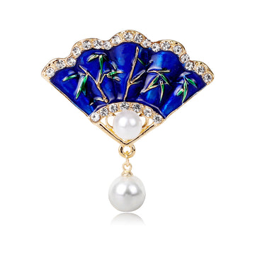 Blue Gold Tone Flower Crystal Pearl Look Metal Brooch Pin