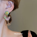 Pink Crystal Cocktail Glass Stud Earrings with Green Tops view 3