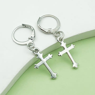 Silver-Tone Cross Dangle Earrings with Hinged Clasps