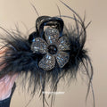 Black Feather Rhinestone Flower Small Shark Claw Hair Clip view 4