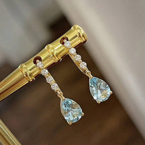 Gold Tone Light Blue Teardrop Drop Earrings Clear Line
