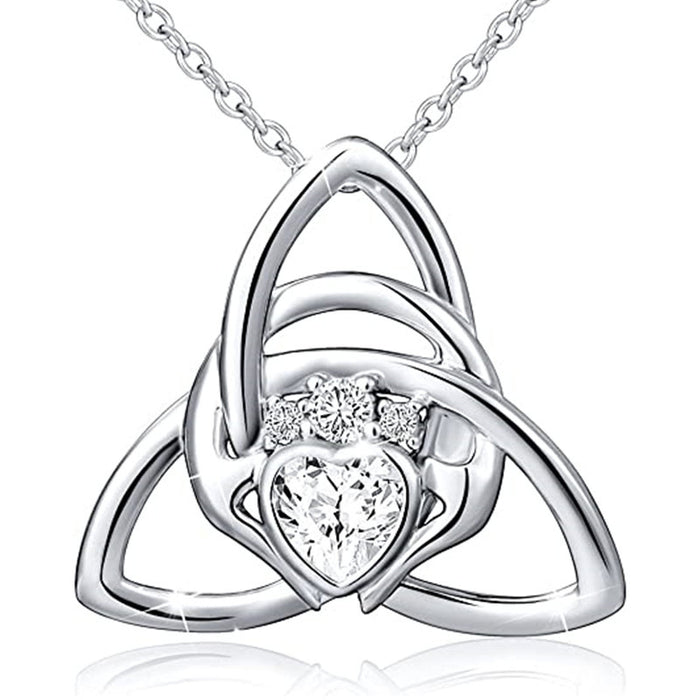 Silver Celtic Trinity Knot Heart Claddagh Pendant Necklace