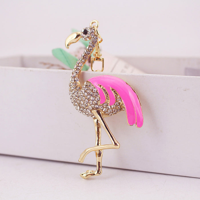 Cute Rhinestone Crane Flamingo Keychain, Animal Bag Charm Key Ring