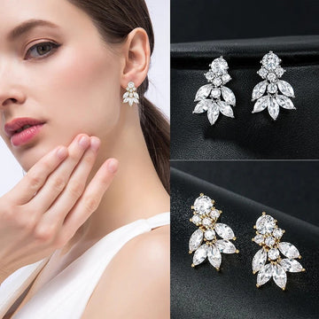Gold White Gold Marquise Leaf Clear Stone Stud Earrings