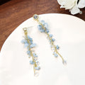 Blue Bead Chip and Silver Chain Long Tassel Stud Earrings view 2