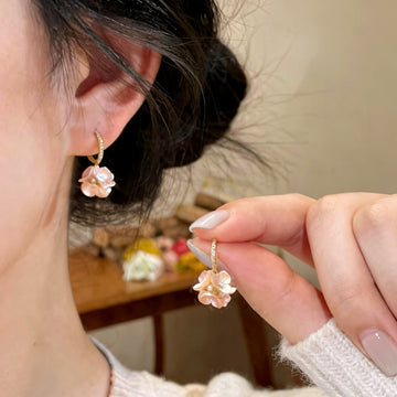 Gold-Tone Pearl Flower Hoop Earrings Decorative Jewelry Accessory
