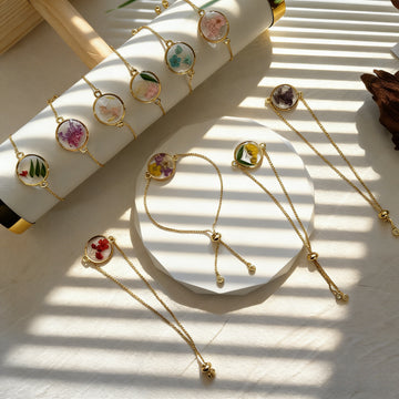 Adjustable Gold Tone Pressed Flower Slider Bracelets