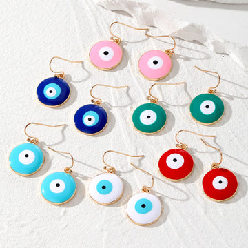 Gold Tone Round Enamel Evil Eye Hook Earrings in Six Colors