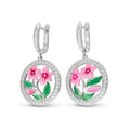 Silver Tone Pink Floral Medallion Drop Earrings with Clear Stone Accents view 6
